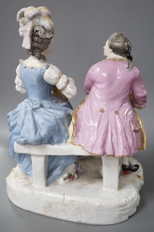 A 19th century Samson of Paris porcelain figure group of a lady playing a mandolin to her teacher 22cm